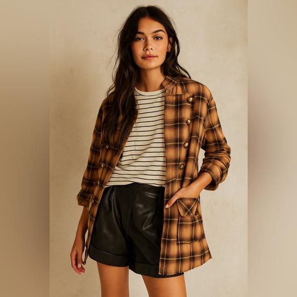 Free People Jackets & Blazers - Free People Taylor Military Plaid Jacket Size S Marigold Combo 100% Cotton Small